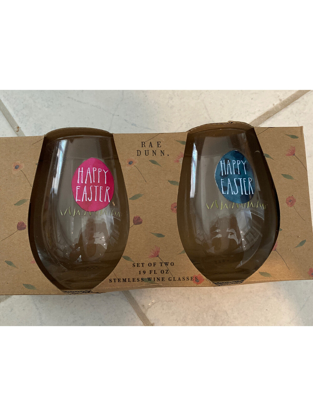 Rae Dunn Easter Stemless Wine Glasses Set Of 2 19oz Rare Eggs April Blue BNIB